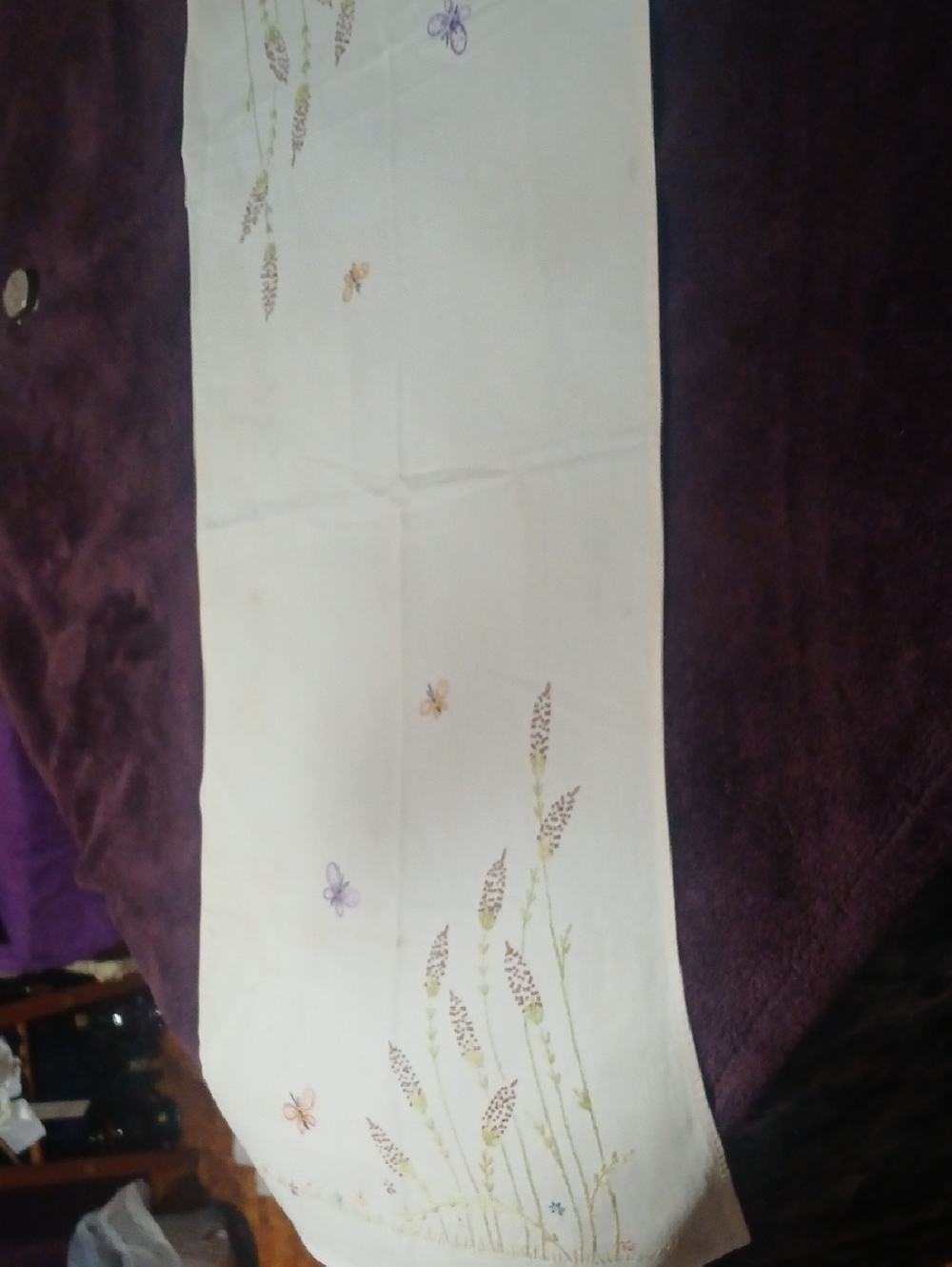 Embroidered White Table Runner with Butterflies and Floral Stalks